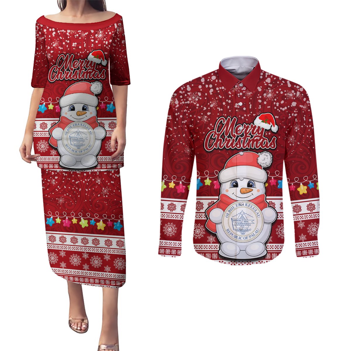 Personalised Palau Christmas Couples Matching Puletasi Dress and Long Sleeve Button Shirt Snowman and Palau Coat of Arms Maori Tribal Xmas Style LT03 Red - Polynesian Pride
