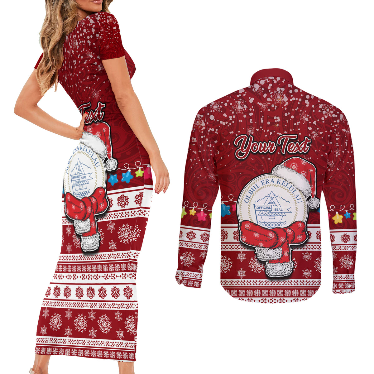 Personalised Palau Christmas Couples Matching Short Sleeve Bodycon Dress and Long Sleeve Button Shirt Snowman and Palau Coat of Arms Maori Tribal Xmas Style LT03 - Polynesian Pride