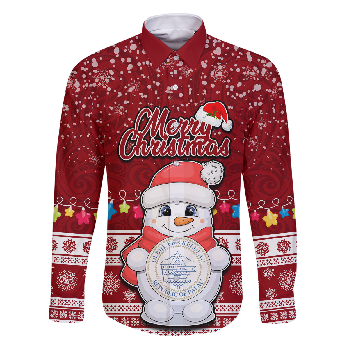 Personalised Palau Christmas Family Matching Off Shoulder Long Sleeve Dress and Hawaiian Shirt Snowman and Palau Coat of Arms Maori Tribal Xmas Style LT03 Dad's Shirt - Long Sleeve Red - Polynesian Pride