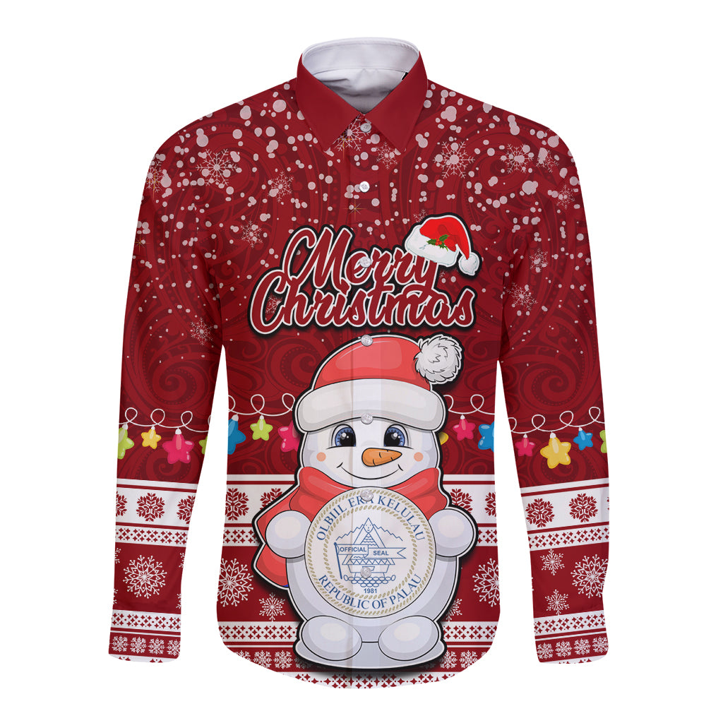 Personalised Palau Christmas Long Sleeve Button Shirt Snowman and Palau Coat of Arms Maori Tribal Xmas Style LT03 Unisex Red - Polynesian Pride