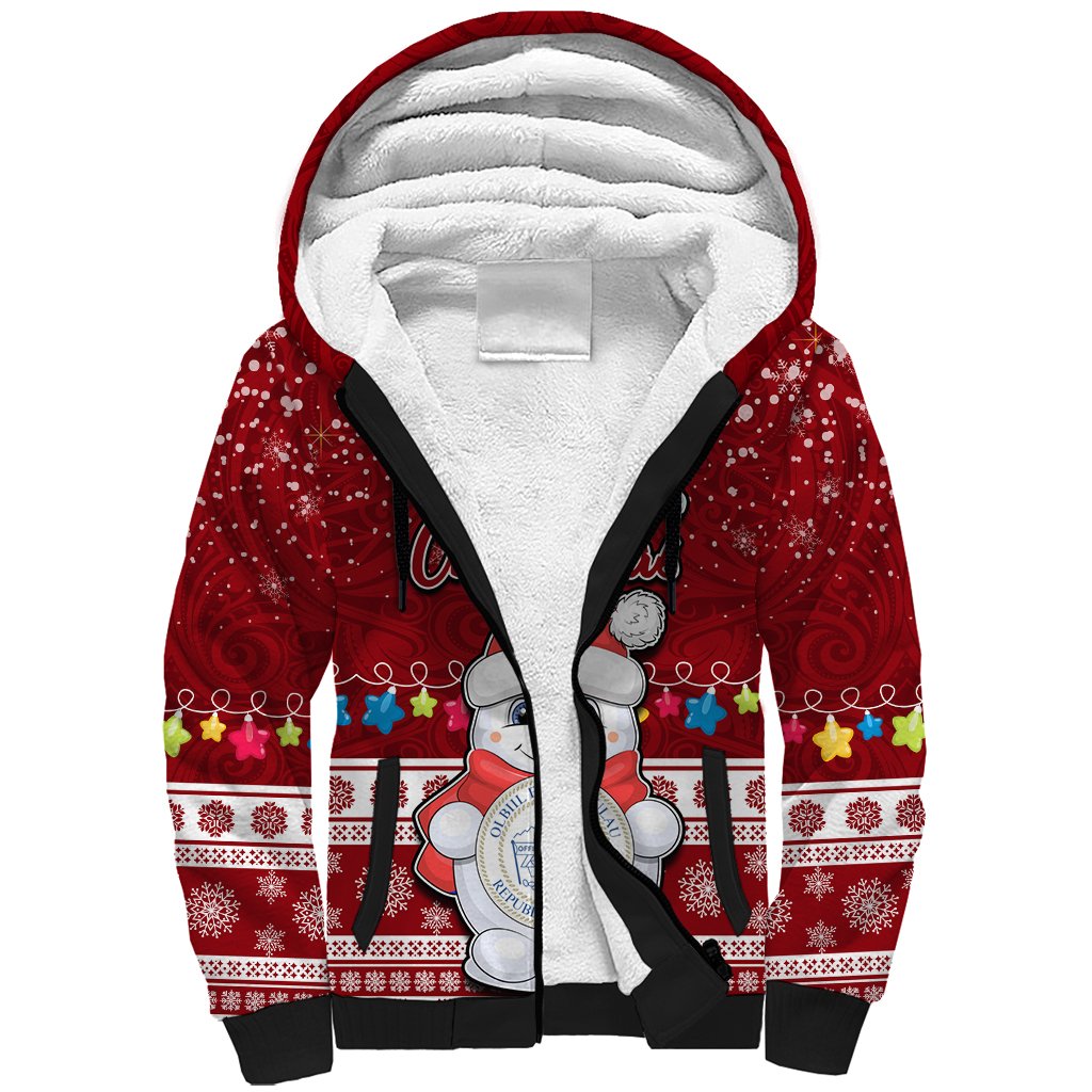 Personalised Palau Christmas Sherpa Hoodie Snowman and Palau Coat of Arms Maori Tribal Xmas Style LT03 Unisex Red - Polynesian Pride