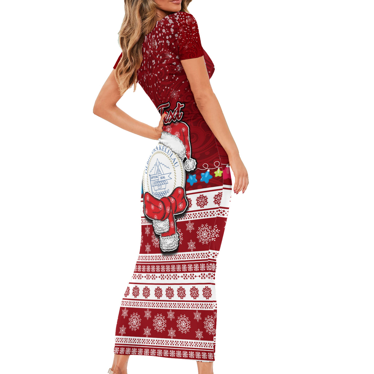 Personalised Palau Christmas Short Sleeve Bodycon Dress Snowman and Palau Coat of Arms Maori Tribal Xmas Style LT03 - Polynesian Pride