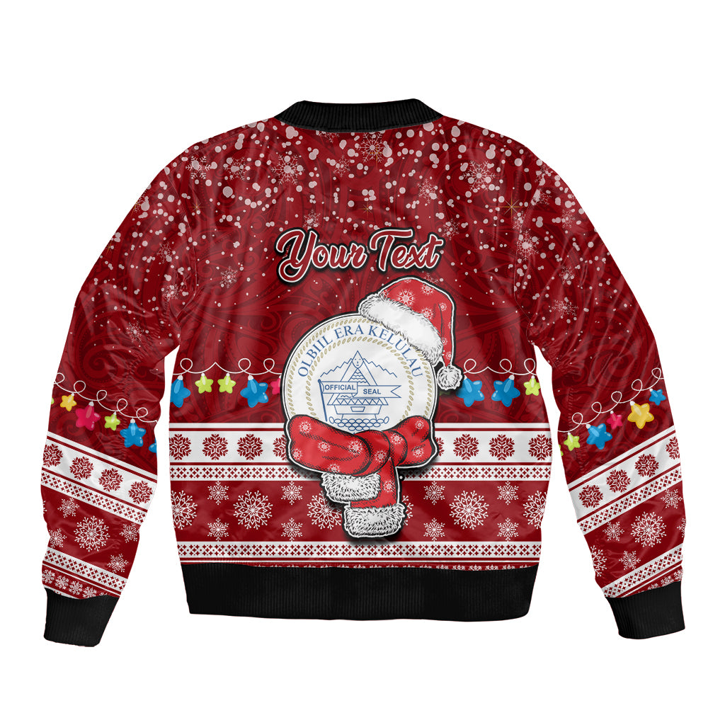 Personalised Palau Christmas Sleeve Zip Bomber Jacket Snowman and Palau Coat of Arms Maori Tribal Xmas Style LT03 - Polynesian Pride