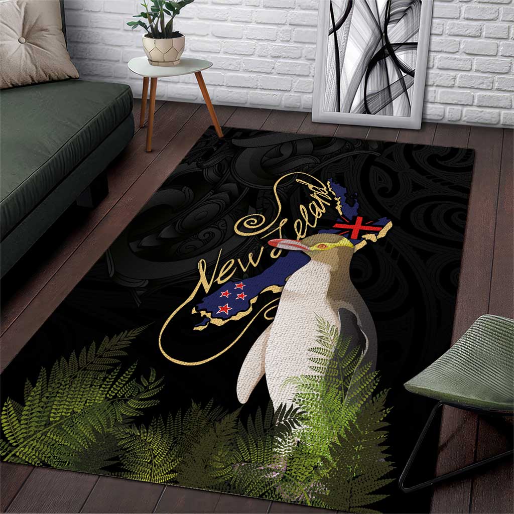 New Zealand Hoiho Area Rug Maori Art Tattoo and Silver Fern LT03 Black - Polynesian Pride
