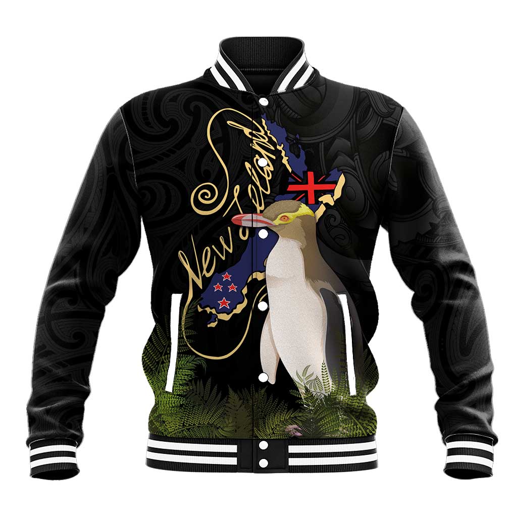 New Zealand Hoiho Baseball Jacket Maori Art Tattoo and Silver Fern