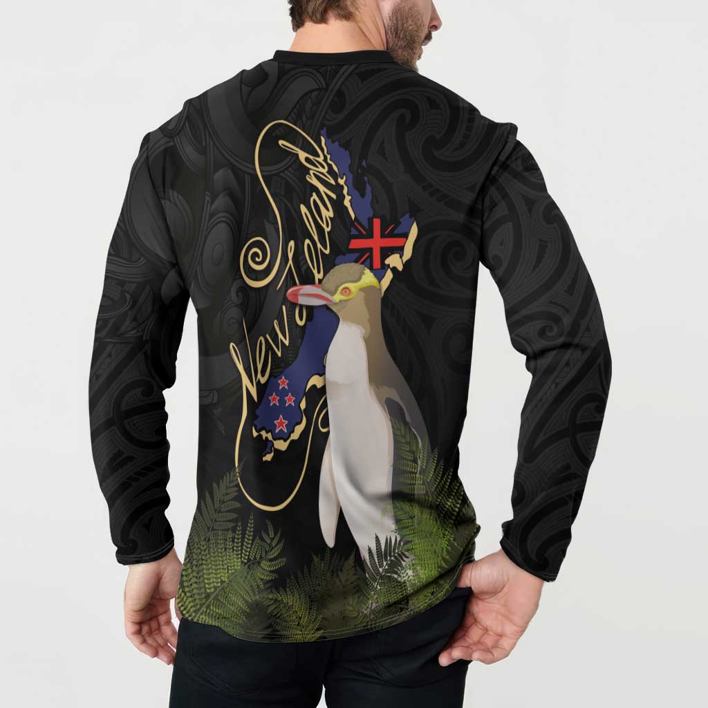 New Zealand Hoiho Button Sweatshirt Maori Art Tattoo and Silver Fern