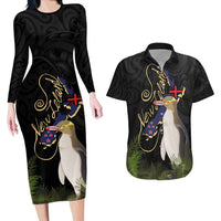 New Zealand Hoiho Couples Matching Long Sleeve Bodycon Dress and Hawaiian Shirt Maori Art Tattoo and Silver Fern LT03 Black - Polynesian Pride