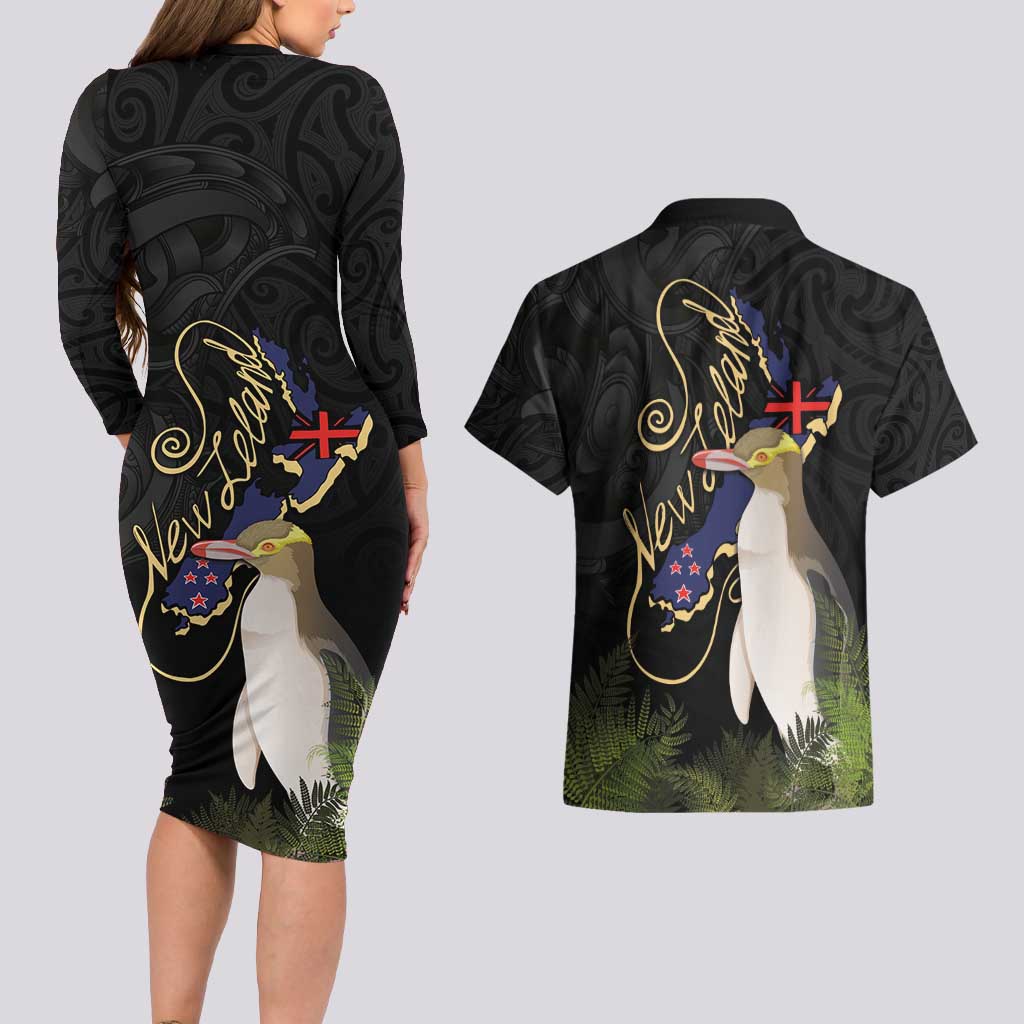 New Zealand Hoiho Couples Matching Long Sleeve Bodycon Dress and Hawaiian Shirt Maori Art Tattoo and Silver Fern LT03 - Polynesian Pride