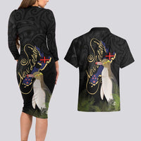 New Zealand Hoiho Couples Matching Long Sleeve Bodycon Dress and Hawaiian Shirt Maori Art Tattoo and Silver Fern LT03 - Polynesian Pride