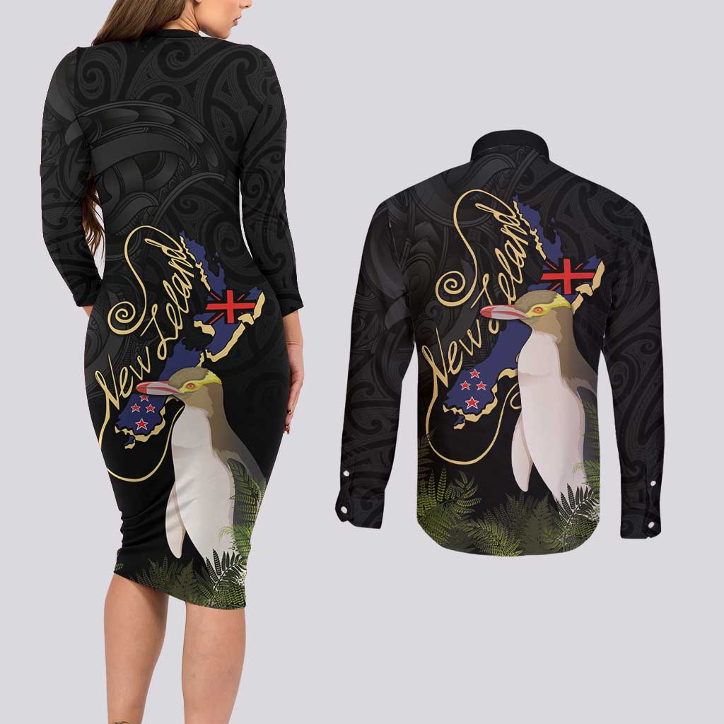 New Zealand Hoiho Couples Matching Long Sleeve Bodycon Dress and Long Sleeve Button Shirt Maori Art Tattoo and Silver Fern LT03 - Polynesian Pride