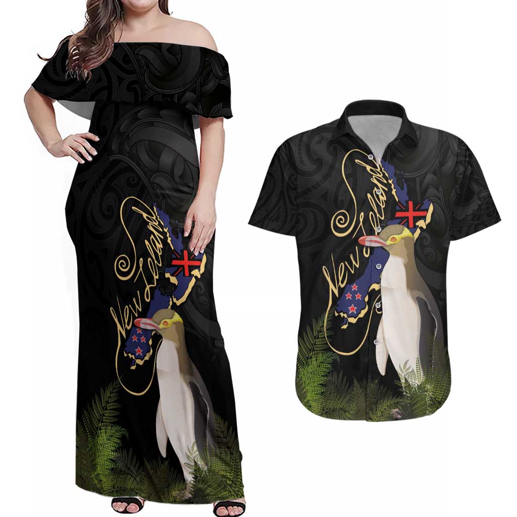 New Zealand Hoiho Couples Matching Off Shoulder Maxi Dress and Hawaiian Shirt Maori Art Tattoo and Silver Fern LT03 Black - Polynesian Pride