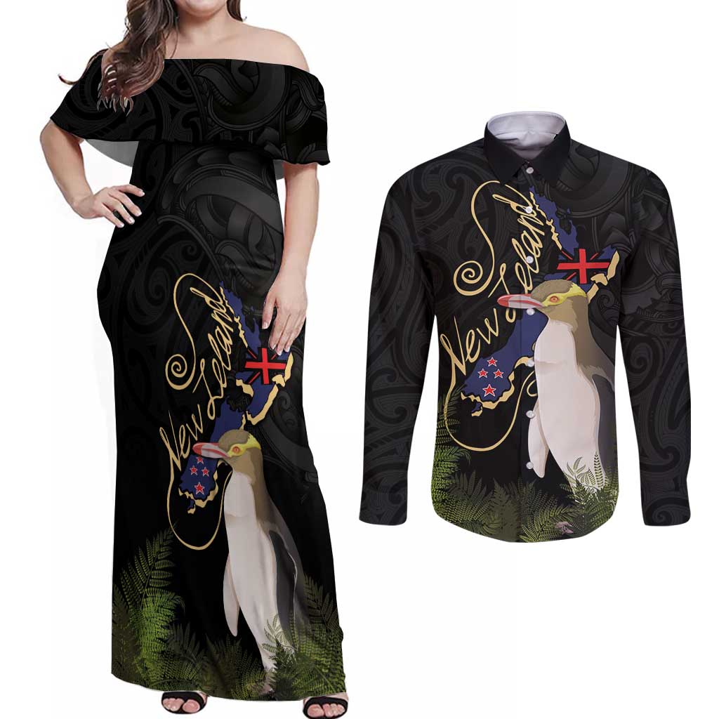 New Zealand Hoiho Couples Matching Off Shoulder Maxi Dress and Long Sleeve Button Shirt Maori Art Tattoo and Silver Fern LT03 Black - Polynesian Pride