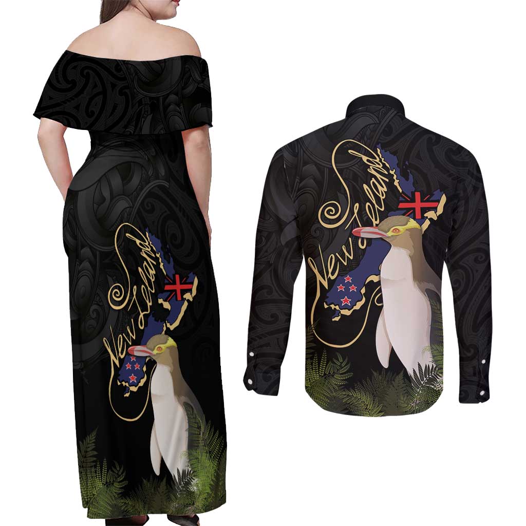 New Zealand Hoiho Couples Matching Off Shoulder Maxi Dress and Long Sleeve Button Shirt Maori Art Tattoo and Silver Fern LT03 - Polynesian Pride
