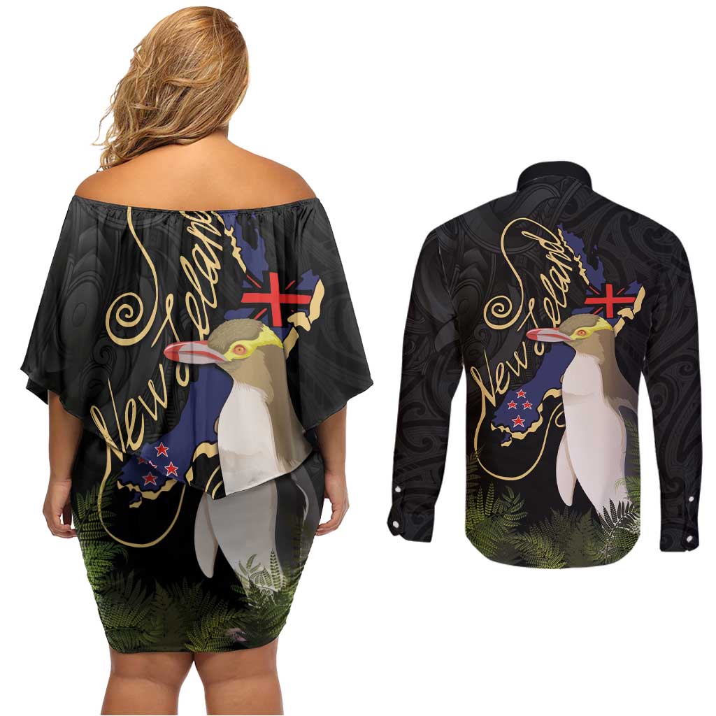 New Zealand Hoiho Couples Matching Off Shoulder Short Dress and Long Sleeve Button Shirt Maori Art Tattoo and Silver Fern LT03 - Polynesian Pride