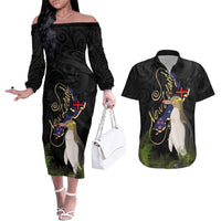 New Zealand Hoiho Couples Matching Off The Shoulder Long Sleeve Dress and Hawaiian Shirt Maori Art Tattoo and Silver Fern LT03 Black - Polynesian Pride