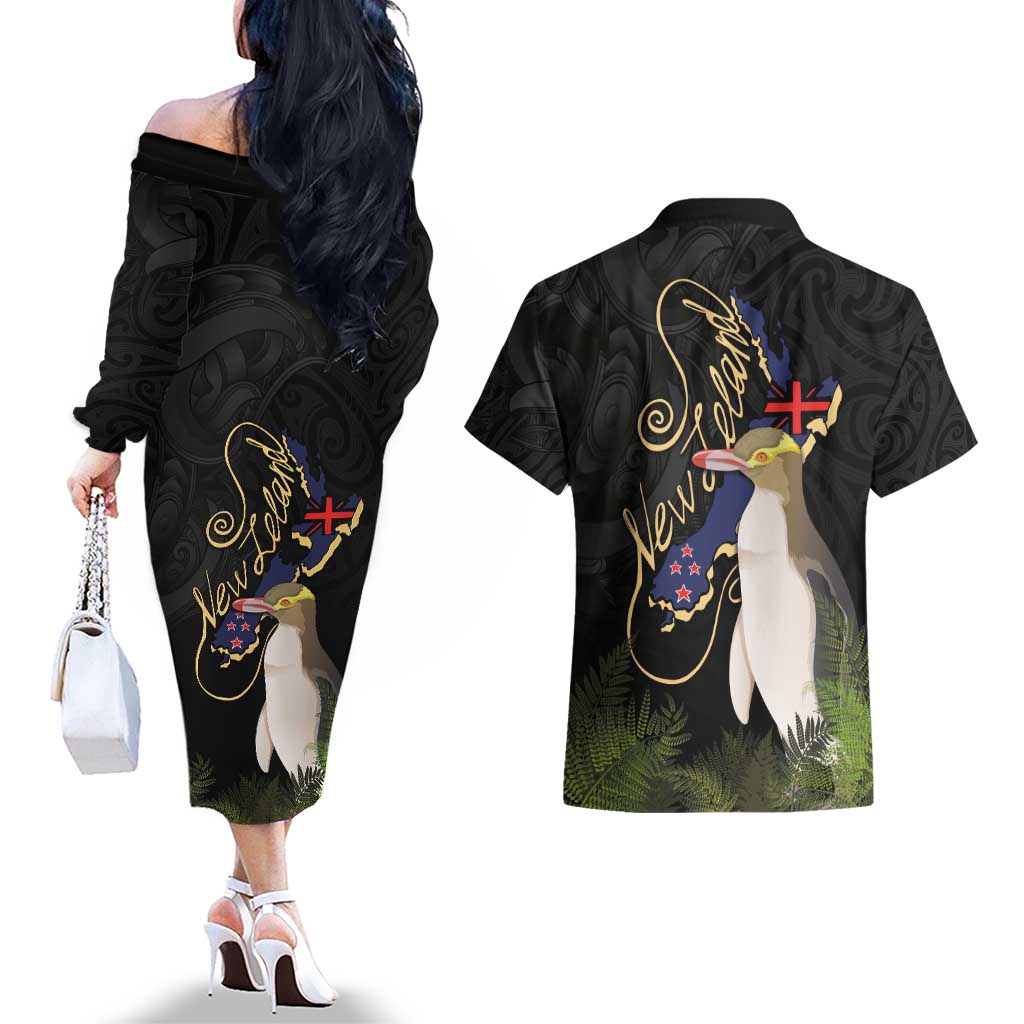 New Zealand Hoiho Couples Matching Off The Shoulder Long Sleeve Dress and Hawaiian Shirt Maori Art Tattoo and Silver Fern LT03 - Polynesian Pride