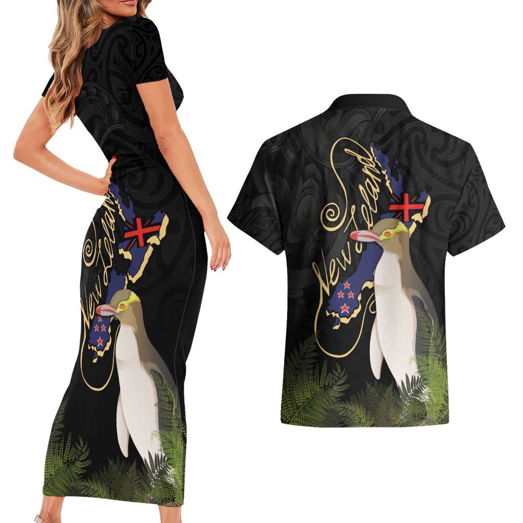 New Zealand Hoiho Couples Matching Short Sleeve Bodycon Dress and Hawaiian Shirt Maori Art Tattoo and Silver Fern LT03 - Polynesian Pride