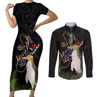 New Zealand Hoiho Couples Matching Short Sleeve Bodycon Dress and Long Sleeve Button Shirt Maori Art Tattoo and Silver Fern LT03 Black - Polynesian Pride