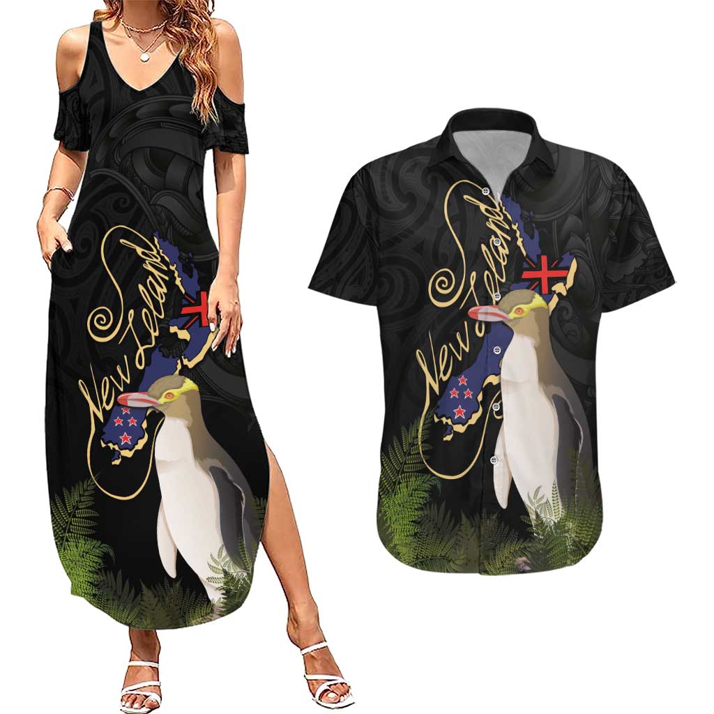 New Zealand Hoiho Couples Matching Summer Maxi Dress and Hawaiian Shirt Maori Art Tattoo and Silver Fern LT03 Black - Polynesian Pride