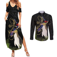 New Zealand Hoiho Couples Matching Summer Maxi Dress and Long Sleeve Button Shirt Maori Art Tattoo and Silver Fern LT03 Black - Polynesian Pride