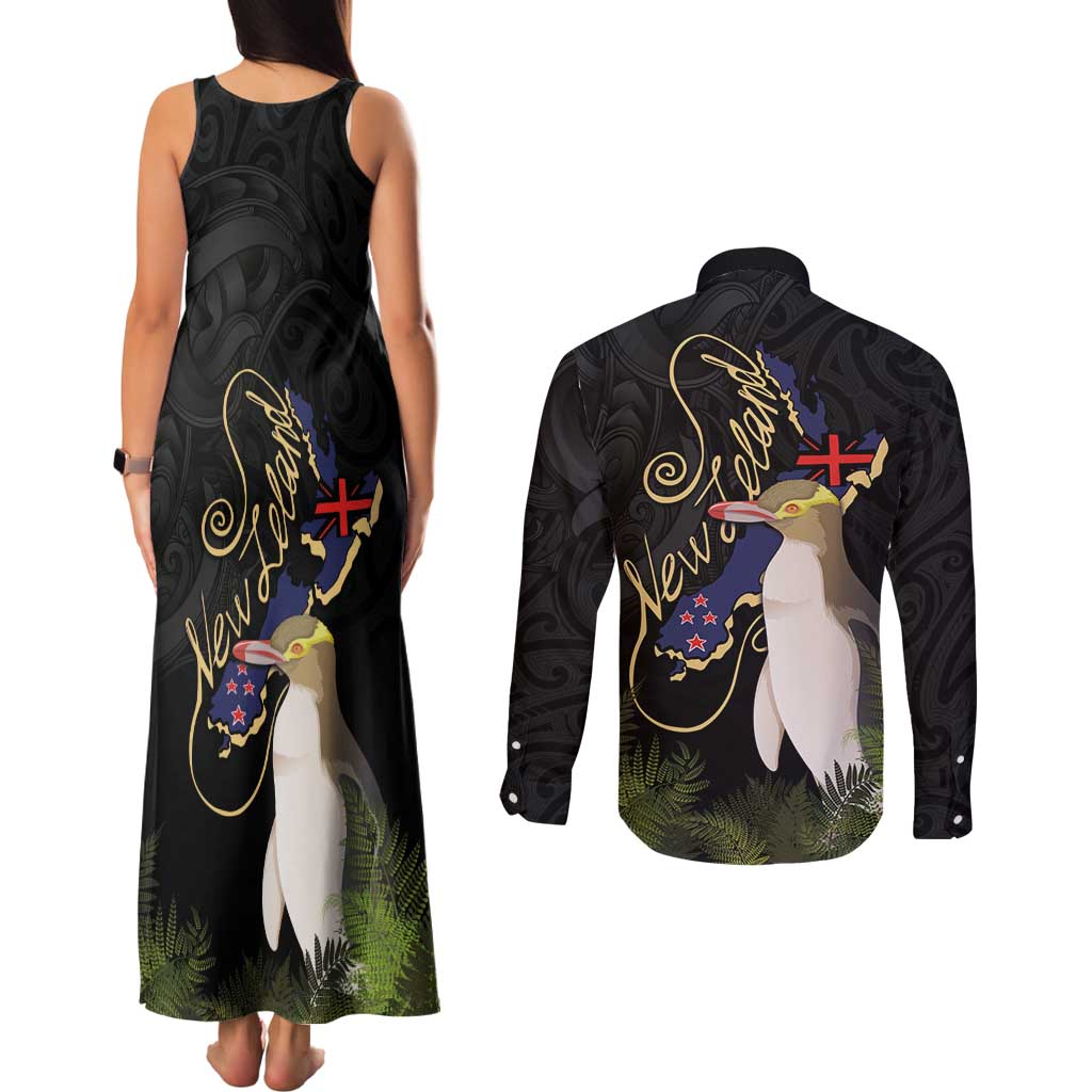 New Zealand Hoiho Couples Matching Tank Maxi Dress and Long Sleeve Button Shirt Maori Art Tattoo and Silver Fern LT03 - Polynesian Pride