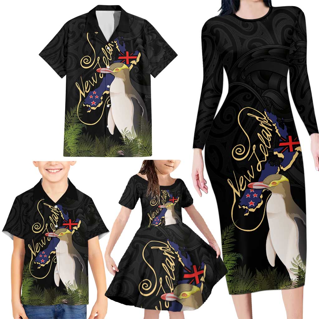 New Zealand Hoiho Family Matching Long Sleeve Bodycon Dress and Hawaiian Shirt Maori Art Tattoo and Silver Fern LT03 - Polynesian Pride
