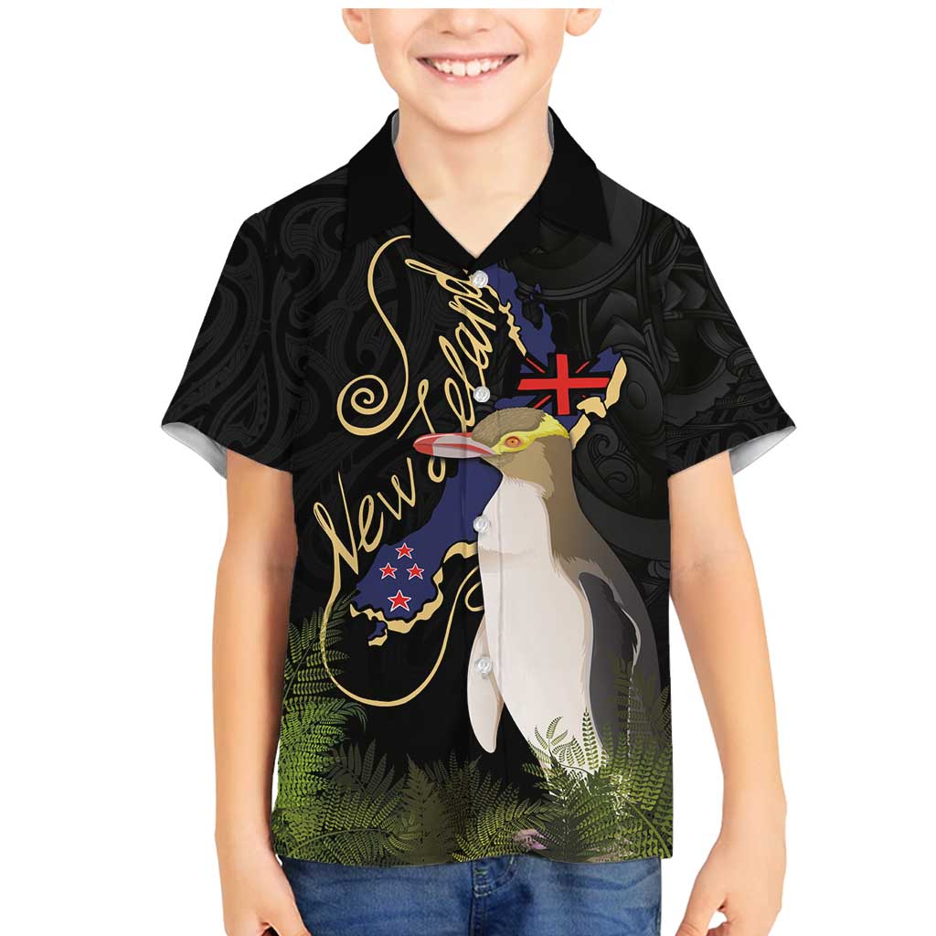 New Zealand Hoiho Family Matching Mermaid Dress and Hawaiian Shirt Maori Art Tattoo and Silver Fern LT03 Son's Shirt Black - Polynesian Pride