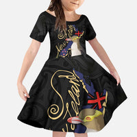New Zealand Hoiho Family Matching Off Shoulder Maxi Dress and Hawaiian Shirt Maori Art Tattoo and Silver Fern LT03 Daughter's Dress Black - Polynesian Pride