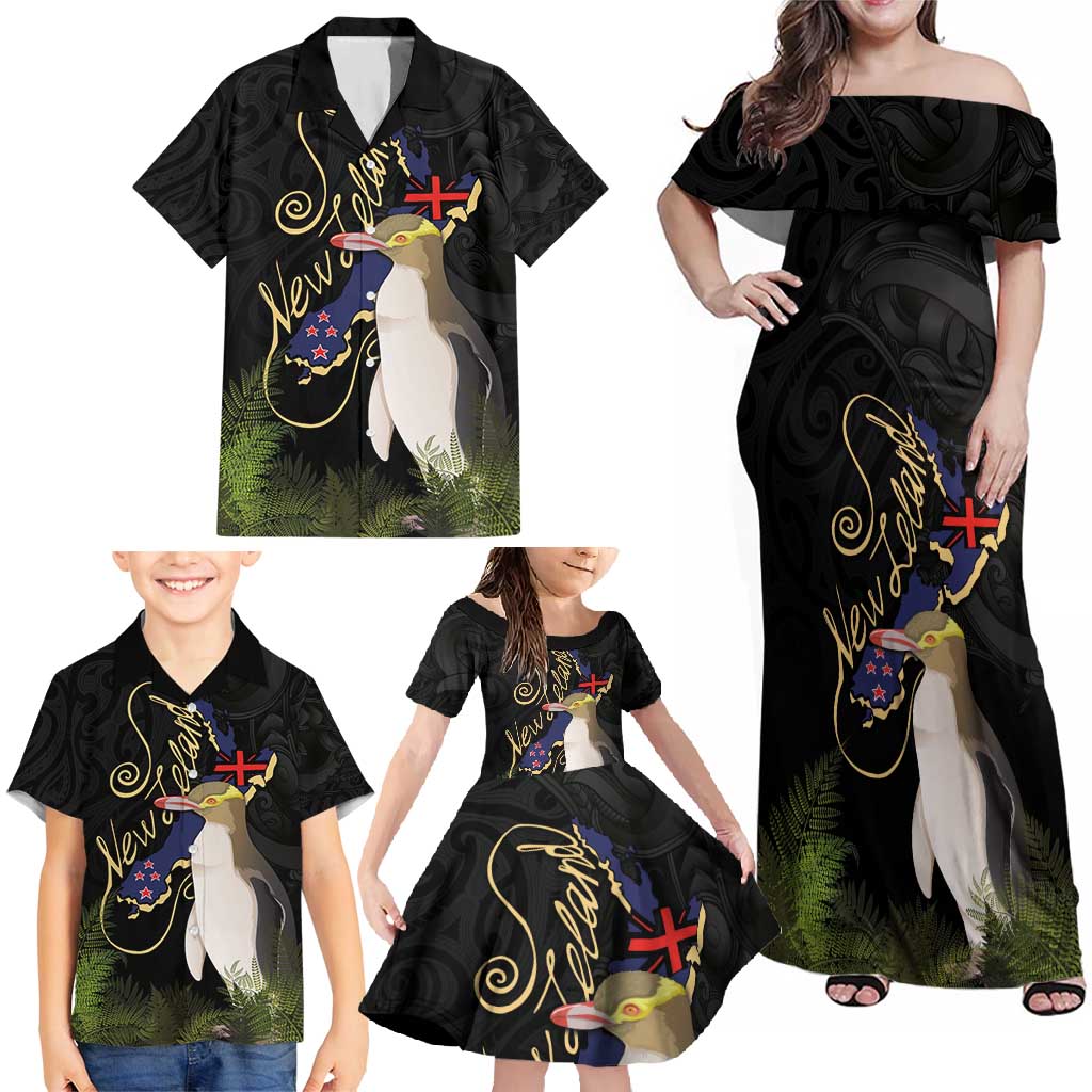 New Zealand Hoiho Family Matching Off Shoulder Maxi Dress and Hawaiian Shirt Maori Art Tattoo and Silver Fern LT03 - Polynesian Pride