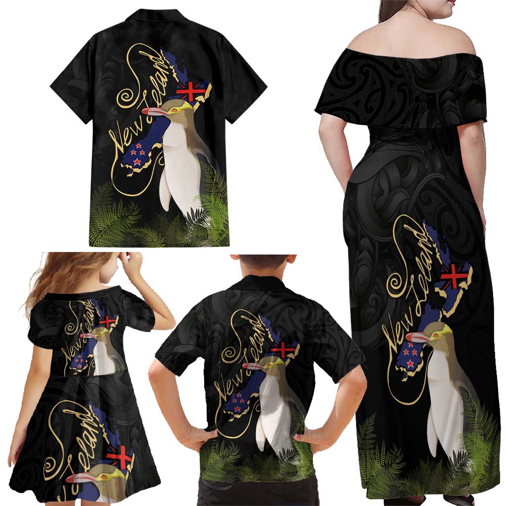 New Zealand Hoiho Family Matching Off Shoulder Maxi Dress and Hawaiian Shirt Maori Art Tattoo and Silver Fern LT03 - Polynesian Pride