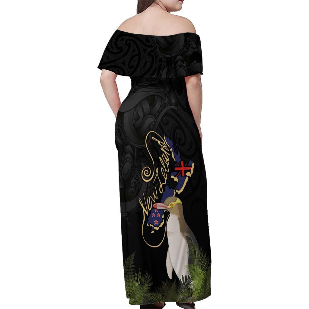 New Zealand Hoiho Family Matching Off Shoulder Maxi Dress and Hawaiian Shirt Maori Art Tattoo and Silver Fern LT03 - Polynesian Pride