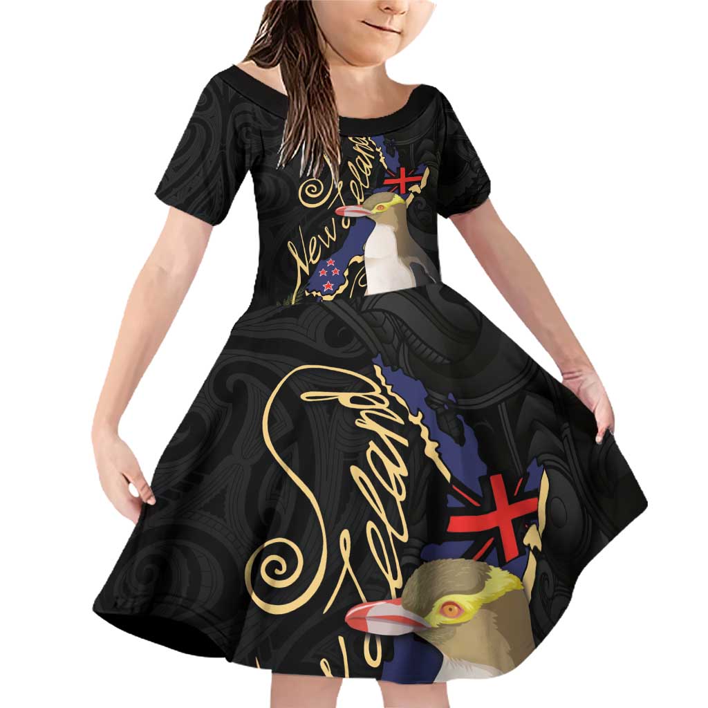 New Zealand Hoiho Family Matching Off Shoulder Short Dress and Hawaiian Shirt Maori Art Tattoo and Silver Fern LT03 Daughter's Dress Black - Polynesian Pride