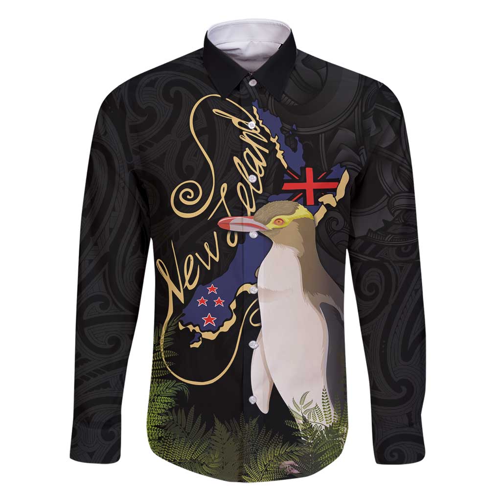 New Zealand Hoiho Family Matching Off Shoulder Short Dress and Hawaiian Shirt Maori Art Tattoo and Silver Fern LT03 Dad's Shirt - Long Sleeve Black - Polynesian Pride