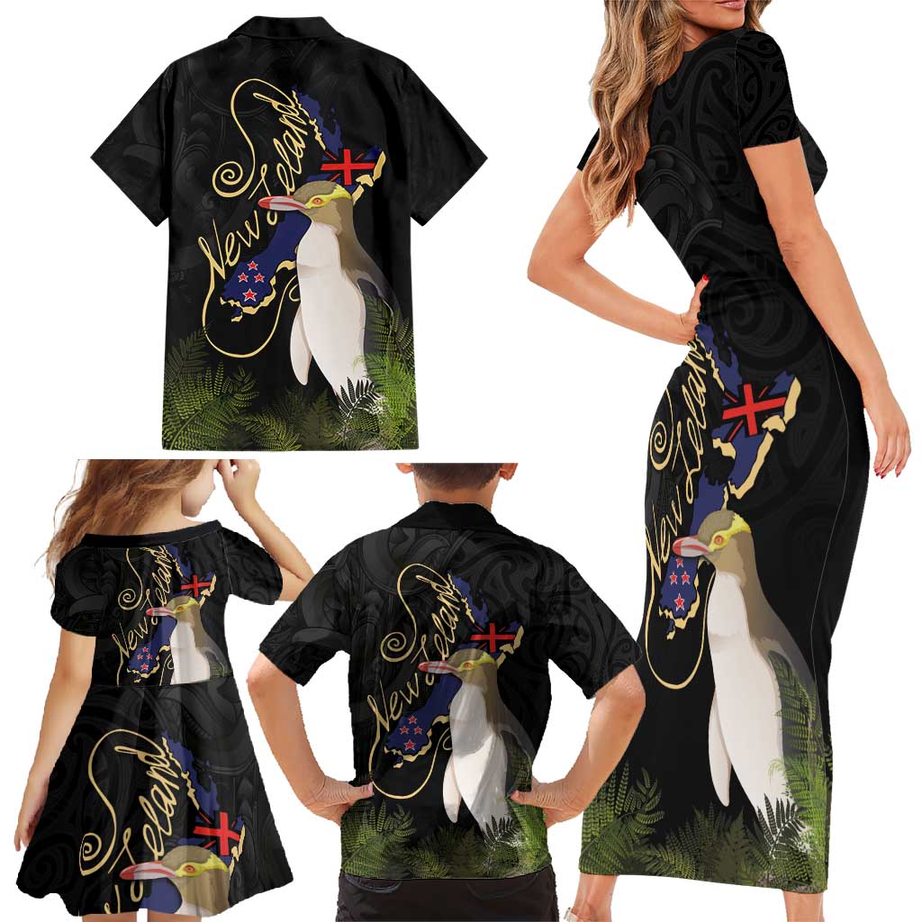 New Zealand Hoiho Family Matching Short Sleeve Bodycon Dress and Hawaiian Shirt Maori Art Tattoo and Silver Fern LT03 - Polynesian Pride