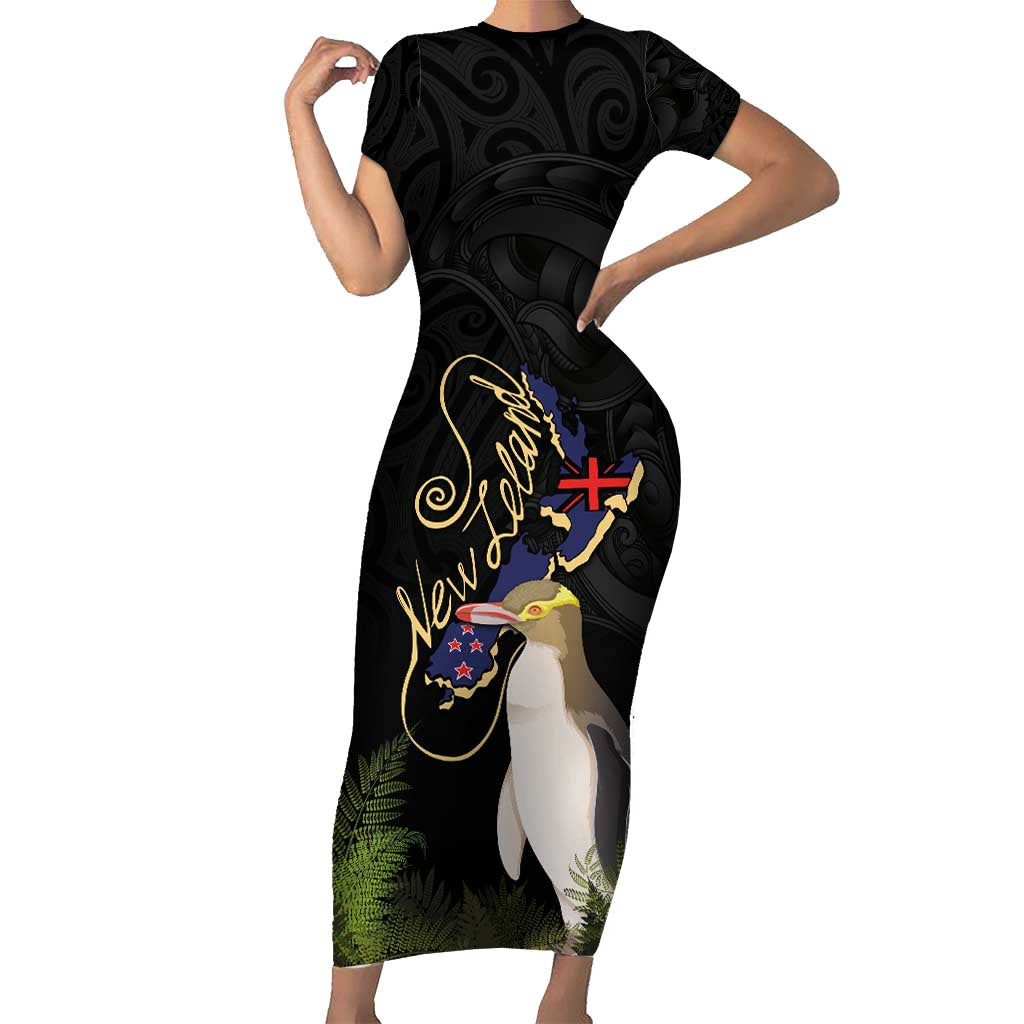 New Zealand Hoiho Family Matching Short Sleeve Bodycon Dress and Hawaiian Shirt Maori Art Tattoo and Silver Fern LT03 Mom's Dress Black - Polynesian Pride
