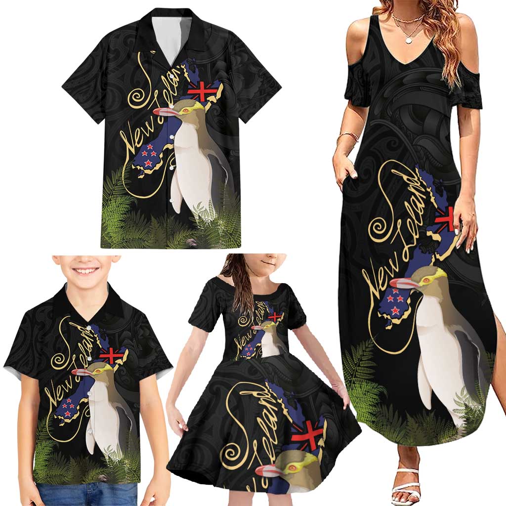 New Zealand Hoiho Family Matching Summer Maxi Dress and Hawaiian Shirt Maori Art Tattoo and Silver Fern LT03 - Polynesian Pride