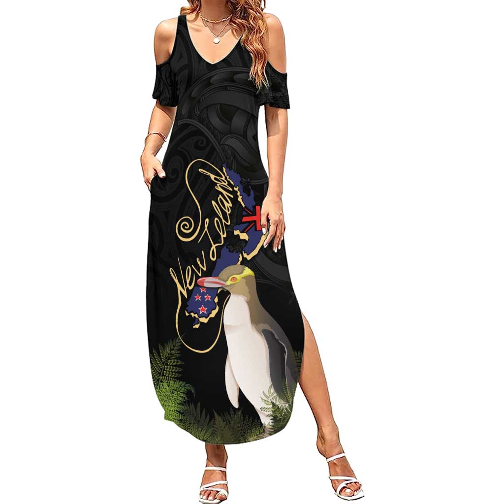 New Zealand Hoiho Family Matching Summer Maxi Dress and Hawaiian Shirt Maori Art Tattoo and Silver Fern LT03 Mom's Dress Black - Polynesian Pride