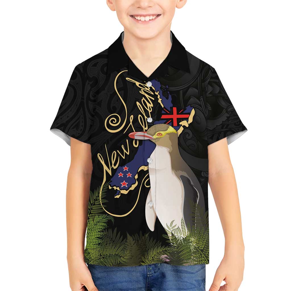 New Zealand Hoiho Family Matching Summer Maxi Dress and Hawaiian Shirt Maori Art Tattoo and Silver Fern LT03 Son's Shirt Black - Polynesian Pride