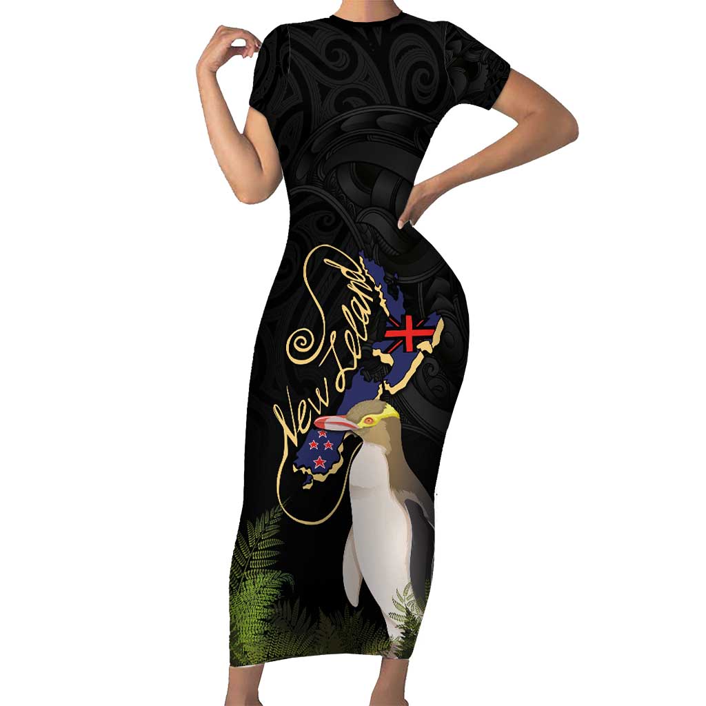 New Zealand Hoiho Short Sleeve Bodycon Dress Maori Art Tattoo and Silver Fern LT03 Long Dress Black - Polynesian Pride