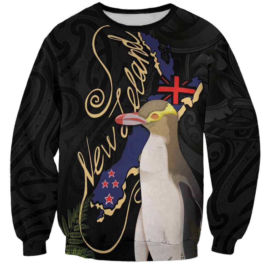 New Zealand Hoiho Sweatshirt Maori Art Tattoo and Silver Fern LT03 Unisex Black - Polynesian Pride