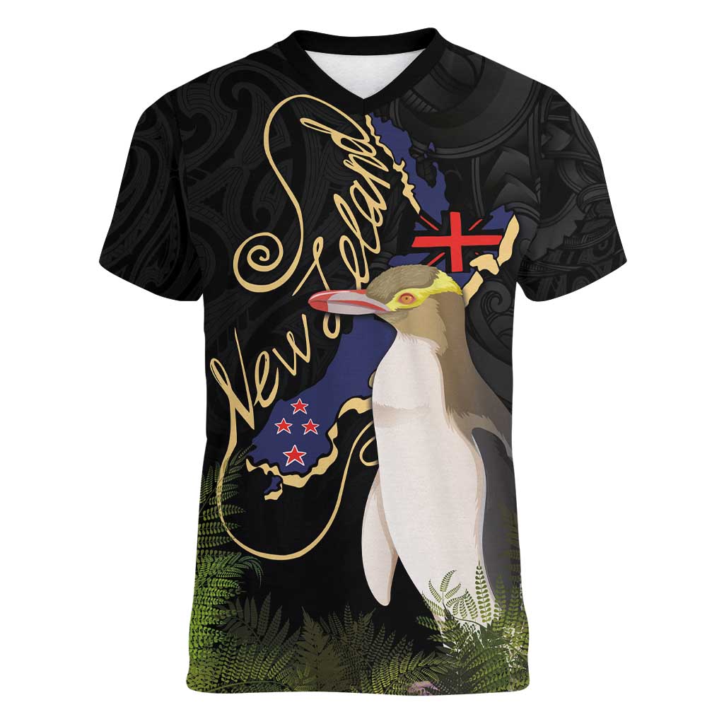 New Zealand Hoiho Women V-Neck T-Shirt Maori Art Tattoo and Silver Fern