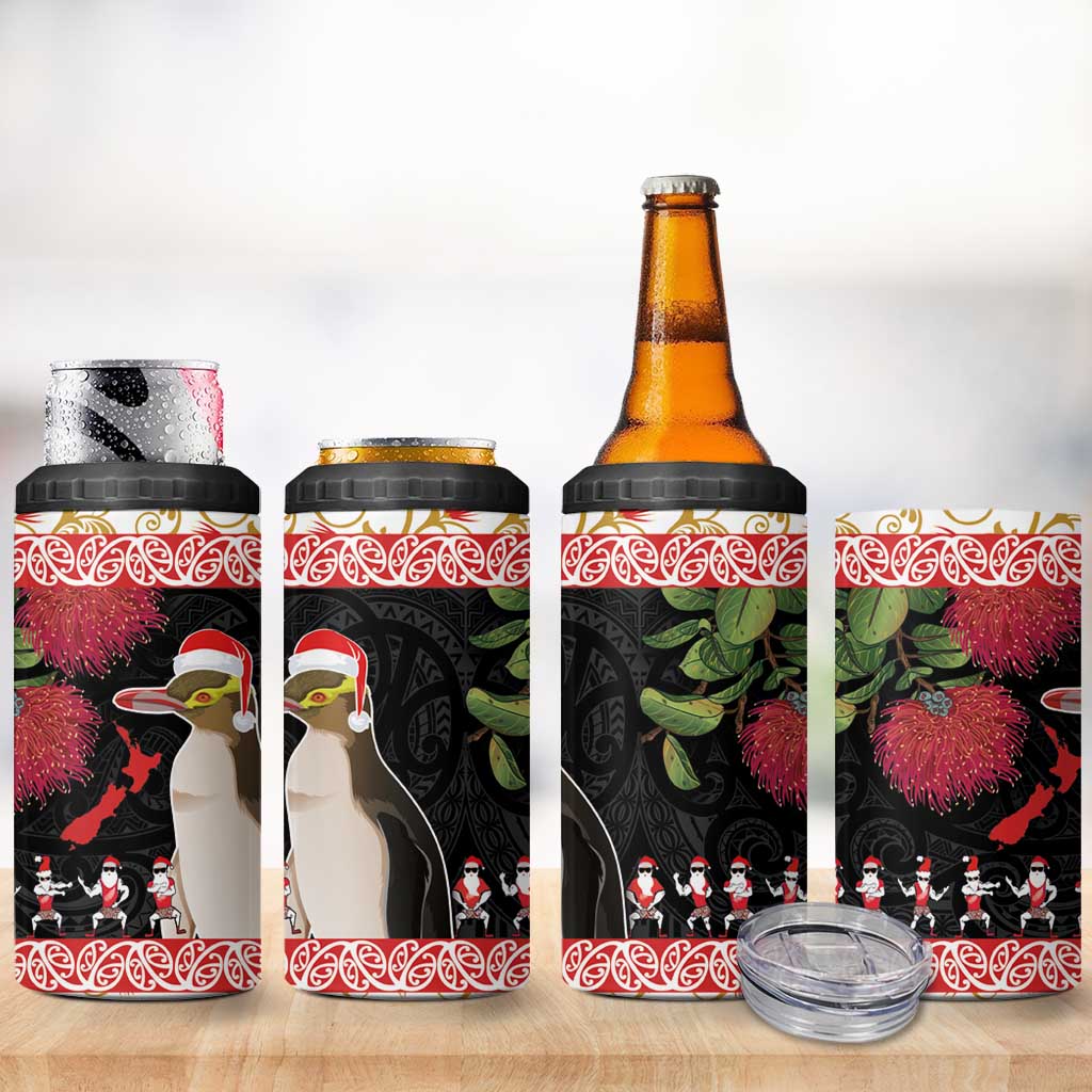New Zealand Merry Christmas 4 in 1 Can Cooler Tumbler Hoiho Xmas - Haka Dance and Pohutukawa LT03 - Polynesian Pride