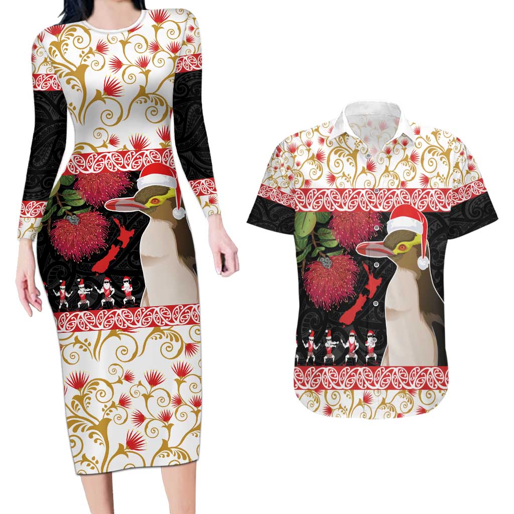 New Zealand Merry Christmas Couples Matching Long Sleeve Bodycon Dress and Hawaiian Shirt Hoiho Xmas - Haka Dance and Pohutukawa LT03 White - Polynesian Pride