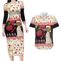 New Zealand Merry Christmas Couples Matching Long Sleeve Bodycon Dress and Hawaiian Shirt Hoiho Xmas - Haka Dance and Pohutukawa LT03 White - Polynesian Pride