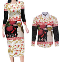New Zealand Merry Christmas Couples Matching Long Sleeve Bodycon Dress and Long Sleeve Button Shirt Hoiho Xmas - Haka Dance and Pohutukawa LT03 White - Polynesian Pride
