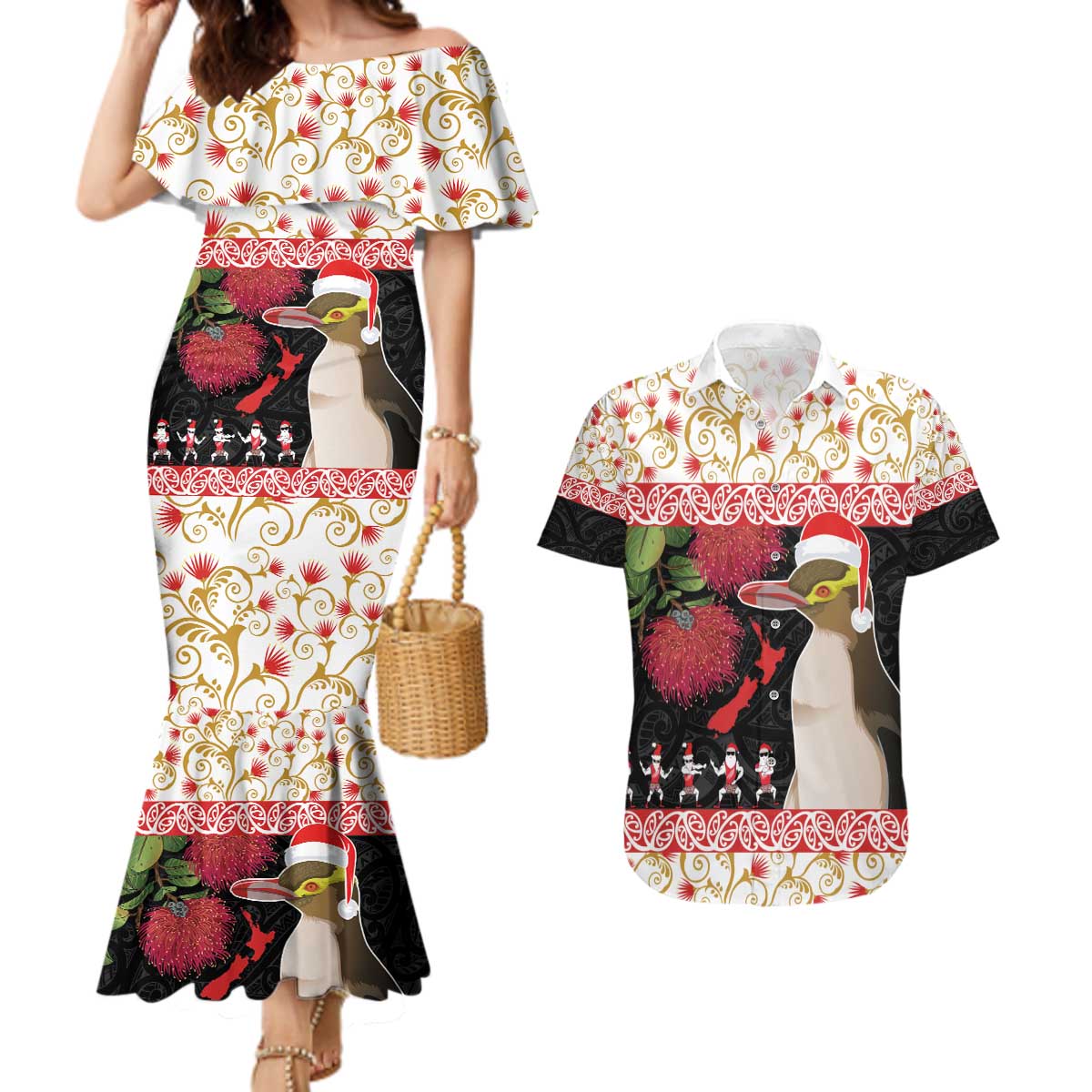 New Zealand Merry Christmas Couples Matching Mermaid Dress and Hawaiian Shirt Hoiho Xmas - Haka Dance and Pohutukawa LT03 White - Polynesian Pride