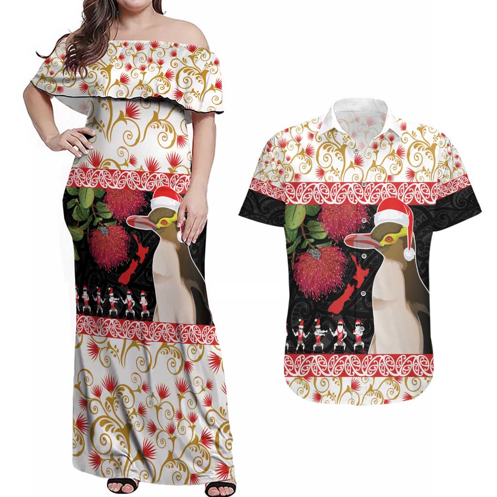 New Zealand Merry Christmas Couples Matching Off Shoulder Maxi Dress and Hawaiian Shirt Hoiho Xmas - Haka Dance and Pohutukawa LT03 White - Polynesian Pride