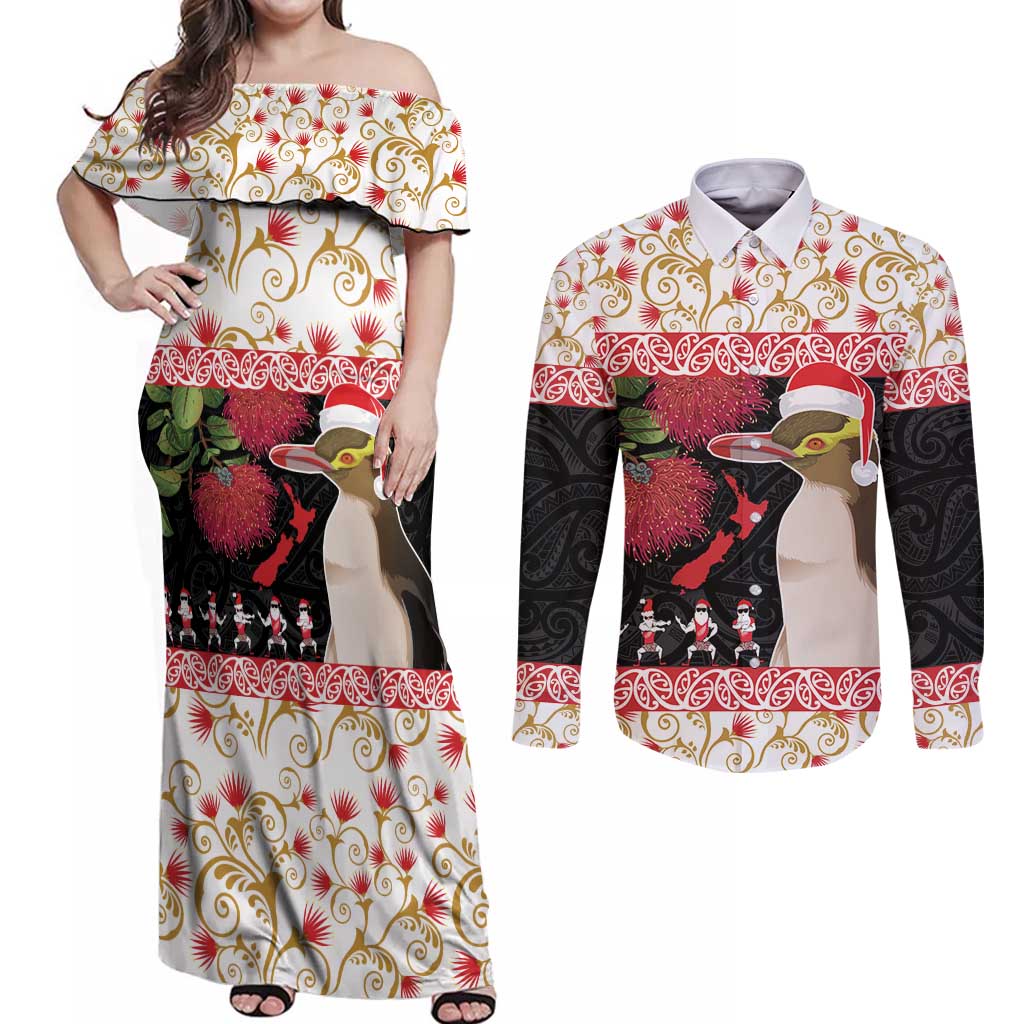 New Zealand Merry Christmas Couples Matching Off Shoulder Maxi Dress and Long Sleeve Button Shirt Hoiho Xmas - Haka Dance and Pohutukawa LT03 White - Polynesian Pride