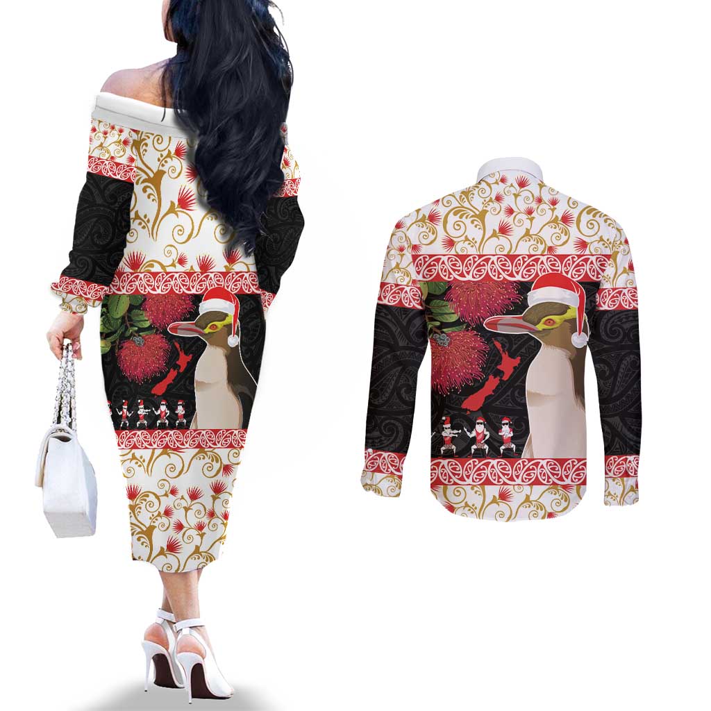 New Zealand Merry Christmas Couples Matching Off The Shoulder Long Sleeve Dress and Long Sleeve Button Shirt Hoiho Xmas - Haka Dance and Pohutukawa LT03 - Polynesian Pride