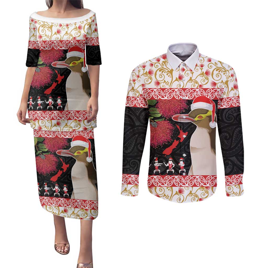 New Zealand Merry Christmas Couples Matching Puletasi and Long Sleeve Button Shirt Hoiho Xmas - Haka Dance and Pohutukawa LT03 White - Polynesian Pride
